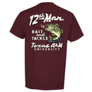 Maroon Texas A&M t shirt with small front 12th Man logo and large back graphic featuring bass fish and “12th Man Bait and Tackle Texas A&M University” text
