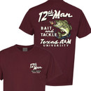 Maroon Texas A&M t shirt with small front 12th Man logo and large back graphic featuring bass fish and “12th Man Bait and Tackle Texas A&M University” text