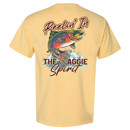 Light yellow Texas A&M t shirt with small ATM logo on front and large back graphic of colorful fish jumping with “Reelin’ in the Aggie Spirit” text