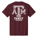 Texas A&M Aggies maroon t shirt with Texas A&M text on front and ATM graphic with Family Tradition design on back