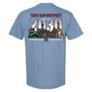 Light blue Texas A&M Class of 2030 t shirt with small front chest ATM logo and large back graphic featuring campus landmarks, Reveille, and “Tradition Lives Here” text