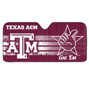 Maroon Texas A&M auto shade featuring the iconic Texas A&M logo, bold "Texas A&M" lettering, and Gig 'Em hand graphic. Windshield accessory designed to add Aggie spirit while protecting vehicle interiors.
