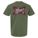 Green Texas A&M Mays Business School t shirt with small front chest logo and large vintage style back graphic featuring Mays script and ATM logo