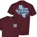 Maroon Texas A&M Aggies t shirt with small ATM logo on front and large back graphic of Texas outline with blue gingham pattern and “Gig ’Em Aggies” text