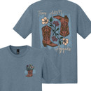 Blue Texas A&M Aggies t shirt with small front cowboy boot and flowers graphic and large back design featuring western boots, floral details, and Texas A&M Aggies text