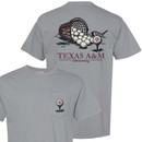 Texas A&M University golf pocket t shirt with golf ball basket graphic and ATM golf tee design