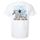 White Texas A&M Comfort Colors pocket t shirt with fishing dock scene, American flag, sailboats, and casting fisherman graphic on back