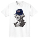 White Texas A&M Aggies t shirt featuring a vintage portrait graphic wearing a navy ATM patriotic cap with red white and blue details and Gig ’Em Aggies text
