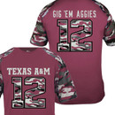 Texas A&M youth performance T-shirt featuring a maroon body, camouflage raglan sleeves, "Texas A&M 12" graphic on the front, and "Gig 'Em Aggies" with a camouflage number 12 on the back.