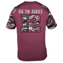 Texas A&M youth performance T-shirt featuring a maroon body, camouflage raglan sleeves, "Texas A&M 12" graphic on the front, and "Gig 'Em Aggies" with a camouflage number 12 on the back.