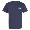 Navy Texas A&M T-shirt featuring a small floral "Texas A&M Aggies" graphic on the front and a large floral-pattern A&M logo on the back with colorful flowers in shades of blue, coral, white, and pink.