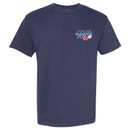 Navy Texas A&M T-shirt featuring a small floral "Texas A&M Aggies" graphic on the front and a large floral-pattern A&M logo on the back with colorful flowers in shades of blue, coral, white, and pink.