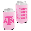 Light pink Texas A&M can cooler featuring a bold pink Texas A&M logo on one side and a stacked "Howdy" graphic on the reverse.
