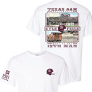 White Texas A&M T-shirt featuring a maroon football helmet graphic on the front and a vintage-style Kyle Field collage on the back with 12th Man and 150 Years details.