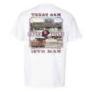 White Texas A&M T-shirt featuring a maroon football helmet graphic on the front and a vintage-style Kyle Field collage on the back with 12th Man and 150 Years details.