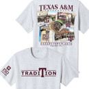 Heather gray Texas A&M T-shirt featuring a front Tradition graphic and a back collage of historic campus images, Aggie Ring artwork, and Established 1876 details.