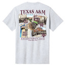 Heather gray Texas A&M T-shirt featuring a front Tradition graphic and a back collage of historic campus images, Aggie Ring artwork, and Established 1876 details.