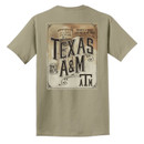Sand-colored Texas A&M T-shirt featuring a small front chest graphic and a vintage poster-style back design with classic typography and the iconic Texas A&M water tower in the background.