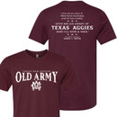 Maroon Texas A&M Old Army T-shirt featuring distressed front lettering and a George S. Patton quote about Texas Aggies printed across the back in white.