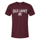 Maroon Texas A&M Old Army T-shirt featuring distressed front lettering and a George S. Patton quote about Texas Aggies printed across the back in white.