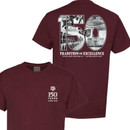 Maroon Texas A&M 150 Years T-shirt featuring a small anniversary chest graphic and a large 150 collage filled with historic Aggie photographs and campus imagery on the back.