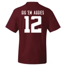 Maroon Texas A&M football jersey T-shirt featuring Texas A&M and number 12 graphics on the front with “Gig ’Em Aggies” and number 12 on the back.