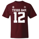Maroon Texas A&M football jersey T-shirt featuring Texas A&M and number 12 graphics on the front with “Gig ’Em Aggies” and number 12 on the back.