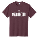 Heather maroon Texas A&M Maroon Out T-shirt featuring commemorative 150-year graphics on the front and a "150 Years Here For Good" graphic on the upper back.