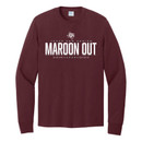 Maroon Texas A&M long sleeve T-shirt featuring a front Maroon Out graphic and a back "150 Years Here For Good" design celebrating Texas A&M's 150th anniversary.