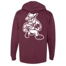 Maroon Texas A&M football hoodie featuring small white Texas A&M Football lettering on the front and an oversized white Ol’ Sarge football graphic on the back.