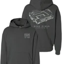 Charcoal gray Texas A&M hoodie featuring small Kyle Field lettering on the front and a detailed line-art aerial illustration of Kyle Field stadium across the back.