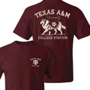 Maroon Texas A&M T-shirt featuring a small front university graphic and a large illustrated Reveille design with Texas A&M University and College Station lettering on the back.