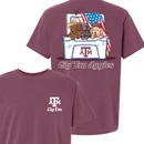Faded maroon Texas A&M T-shirt featuring three dogs riding in a Texas A&M cooler with an American flag behind them and “Gig ’Em Aggies” lettering below.