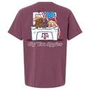 Faded maroon Texas A&M T-shirt featuring three dogs riding in a Texas A&M cooler with an American flag behind them and “Gig ’Em Aggies” lettering below.