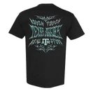Washed black Texas A&M T-shirt featuring jagged turquoise and white Texas Aggies lettering on the front and bold heavy metal-inspired graphics with a Texas A&M logo on the back.