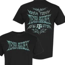 Washed black Texas A&M T-shirt featuring jagged turquoise and white Texas Aggies lettering on the front and bold heavy metal-inspired graphics with a Texas A&M logo on the back.