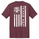 Heather maroon Texas A&M T-shirt featuring white Aggies lettering on the front and a distressed American flag design with the Texas A&M logo and vertical lettering on the back.
