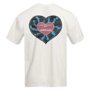 White Texas A&M T-shirt featuring a small Aggieland heart on the front and a large blue and black heart-shaped vinyl record graphic with Aggieland lettering on the back.