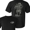 Black Texas A&M T-shirt featuring a small motel key-inspired graphic on the front and a retro Midnight Yell roadside sign with stars and 12th Man lettering on the back.