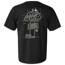 Black Texas A&M T-shirt featuring a small motel key-inspired graphic on the front and a retro Midnight Yell roadside sign with stars and 12th Man lettering on the back.