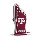 Texas A&M oven mitt shaped like a foam finger in maroon and white, featuring #1 Fan lettering, A&M logos, Aggies text, and coordinating graphics on both sides.