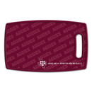 Maroon Texas A&M cutting board featuring a large white A&M logo and Texas outline on the front, repeating Aggies pattern on the back, and a built-in carrying handle.