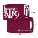 Maroon Texas A&M cutting board featuring a large white A&M logo and Texas outline on the front, repeating Aggies pattern on the back, and a built-in carrying handle.