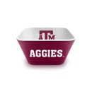 Texas A&M small square snack bowl featuring a maroon exterior with white Aggies lettering, A&M logos, and a white interior with maroon A&M logo. Measures approximately 5.75 by 3 inches.