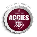 Texas A&M 13-inch melamine serving tray shaped like a bottle cap, featuring a white ridged rim, maroon center, bold white Aggies lettering, and the A&M logo inside a Texas outline.