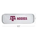Texas A&M rectangular serving tray featuring a white background with gray diagonal stripes, maroon A&M logo, and AGGIES lettering. Measures 16.25" x 5" and is made from melamine.