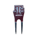Maroon Texas A&M divot repair tool featuring two metal prongs, a raised Texas A&M Aggies logo on the front, and a circular Gig ’Em Aggies design on the back.