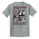 Gray Texas Aggie Volleyball tee featuring a small front volleyball graphic and colorful comic book-style back design with players, “Monster Block,” “Bump Set Spike,” “Whoop,” and Texas Aggie Volleyball lettering.