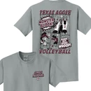 Gray Texas Aggie Volleyball tee featuring a small front volleyball graphic and colorful comic book-style back design with players, “Monster Block,” “Bump Set Spike,” “Whoop,” and Texas Aggie Volleyball lettering.