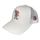 White Texas A&M mesh-back cap featuring Ol’ Sarge holding an American flag on the front and a maroon A&M logo printed on the side panel.